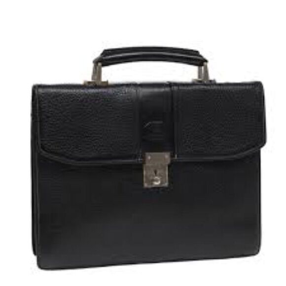 BURBERRY BLACK LEATHER BREIFCASE CROSSBODY WITH PLAID CHECKERED INTERIOR - Picture 1 of 12